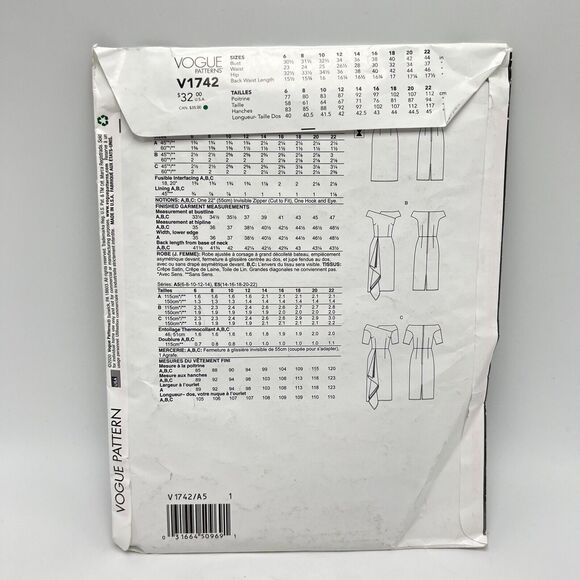 Vogue Sewing Pattern V1742 A5 Fitted Asymmetric Front Formal Dress 6 8 10 12 14 - Picture 4 of 7